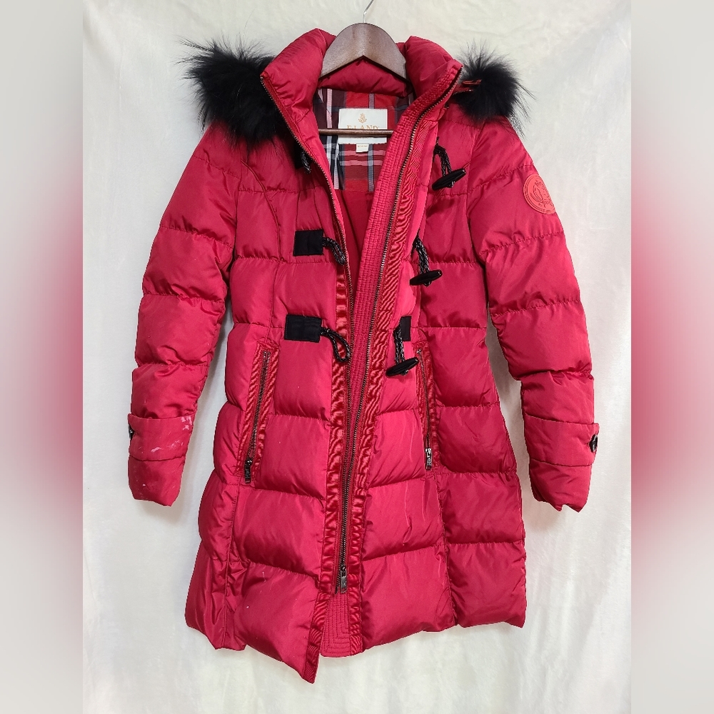 E-Land Women's Long Red Puffer Coat With Faux Fur Hood Size 165/88A